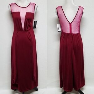 Angvns Burgundy Mesh Plunging Neckline Tie-Waist Sleeveless Midi Dress